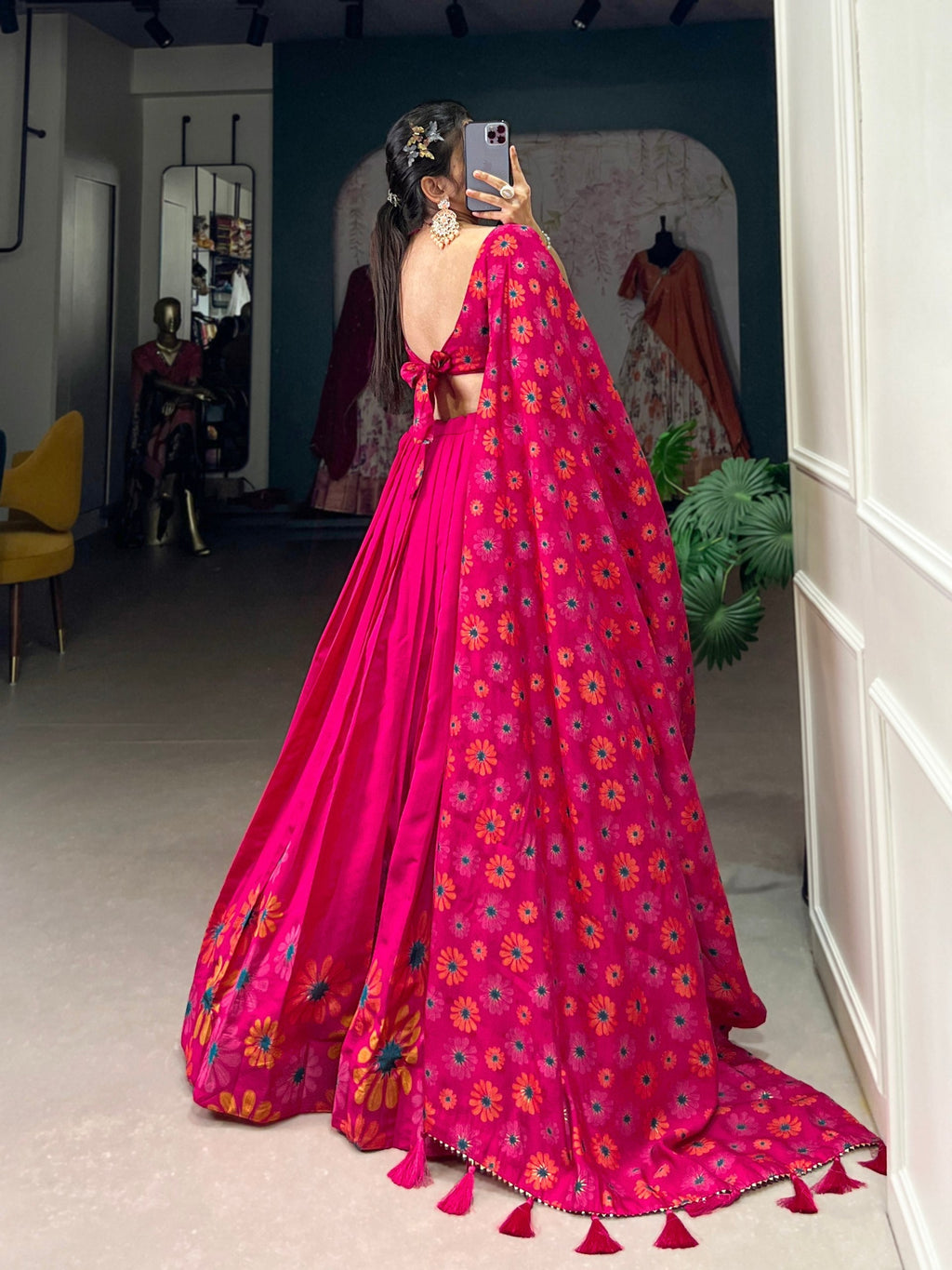 Magnificent Pink Floral Printed Foil Worked Tussar Silk Lehenga Choli - Ethnicwish