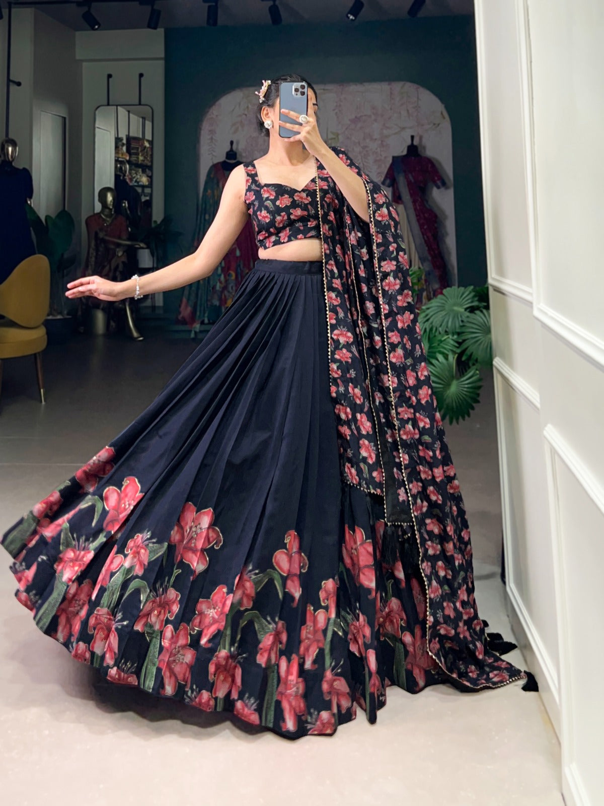 Stunning Tussar Silk Floral Printed Foil Worked Lehenga Choli - Ethnicwish