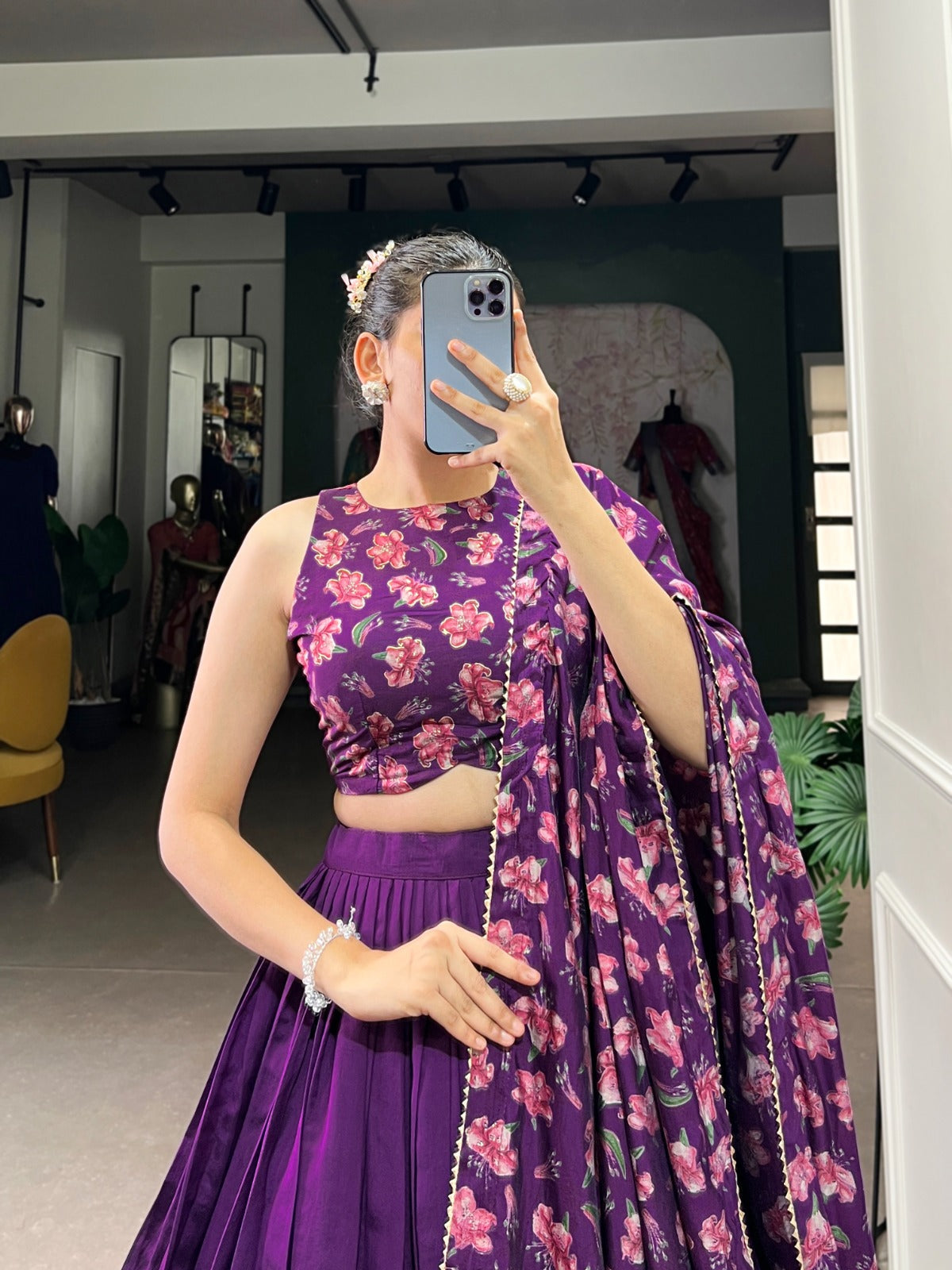 Stunning Tussar Silk Floral Printed Foil Worked Lehenga Choli - Ethnicwish