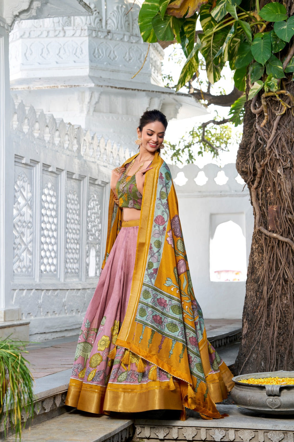 Delightful Jacquard Silk Kalamkari Printed Lehenga Choli Set - Ethnicwish