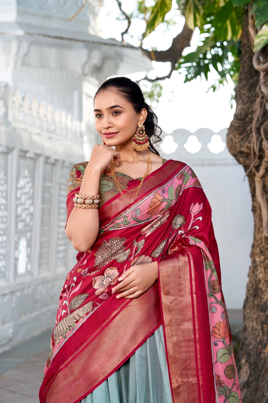 Delightful Jacquard Silk Kalamkari Printed Lehenga Choli Set - Ethnicwish