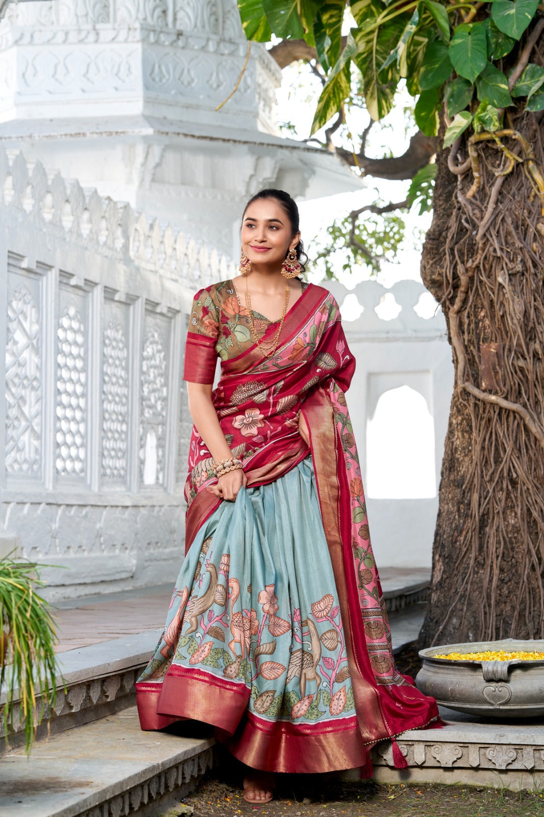 Delightful Jacquard Silk Kalamkari Printed Lehenga Choli Set - Ethnicwish