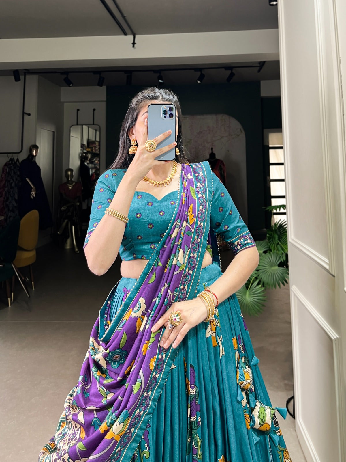 Exquisite Tussar Silk Kalamkari Printed Foil Worked Lehenga Choli - ETHNICDEAL