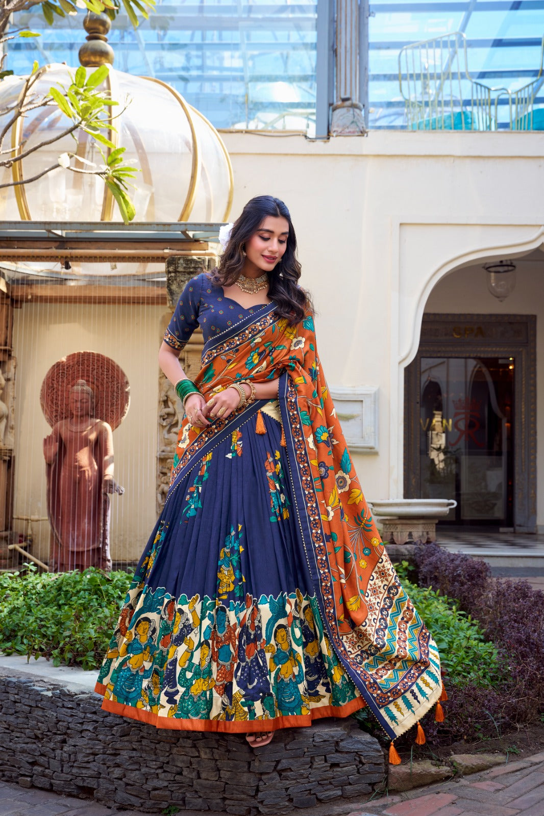 Exquisite Tussar Silk Kalamkari Printed Foil Worked Lehenga Choli - ETHNICDEAL