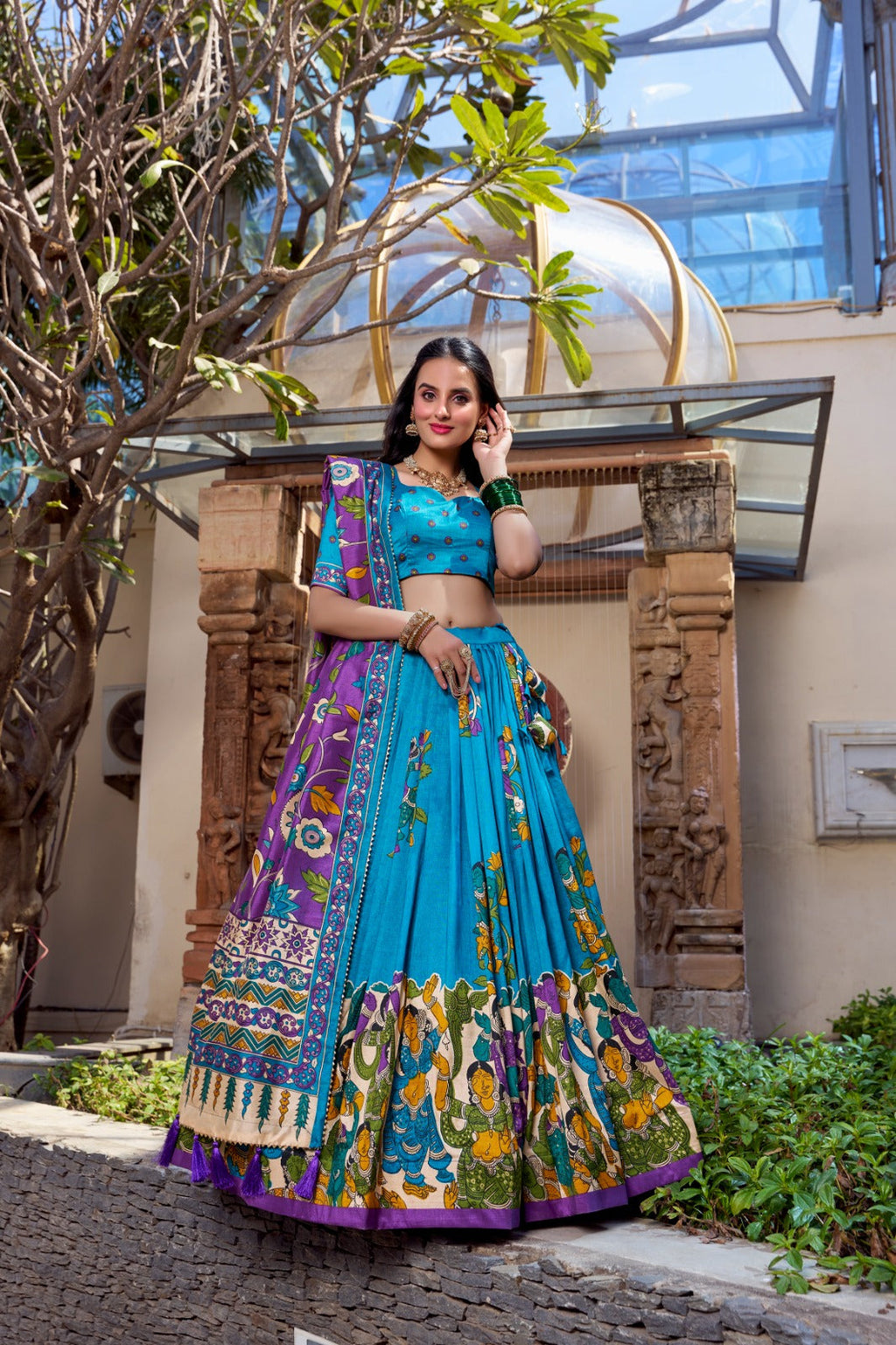 Exquisite Tussar Silk Kalamkari Printed Foil Worked Lehenga Choli - ETHNICDEAL