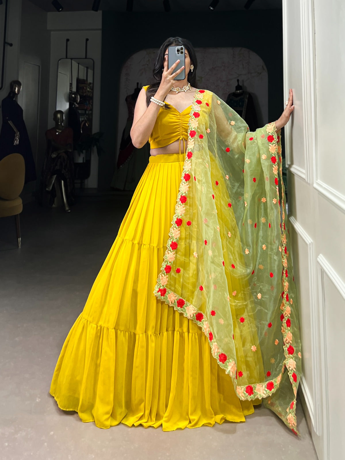 Fabulous Yellow Georgette Fully Stitched Ruffle Lehenga Choli - ETHNICDEAL