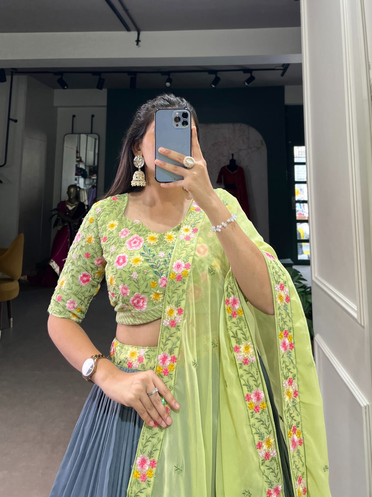 Beaming Georgette Sequins Thread Worked Lehenga Choli Set - Ethnicwish