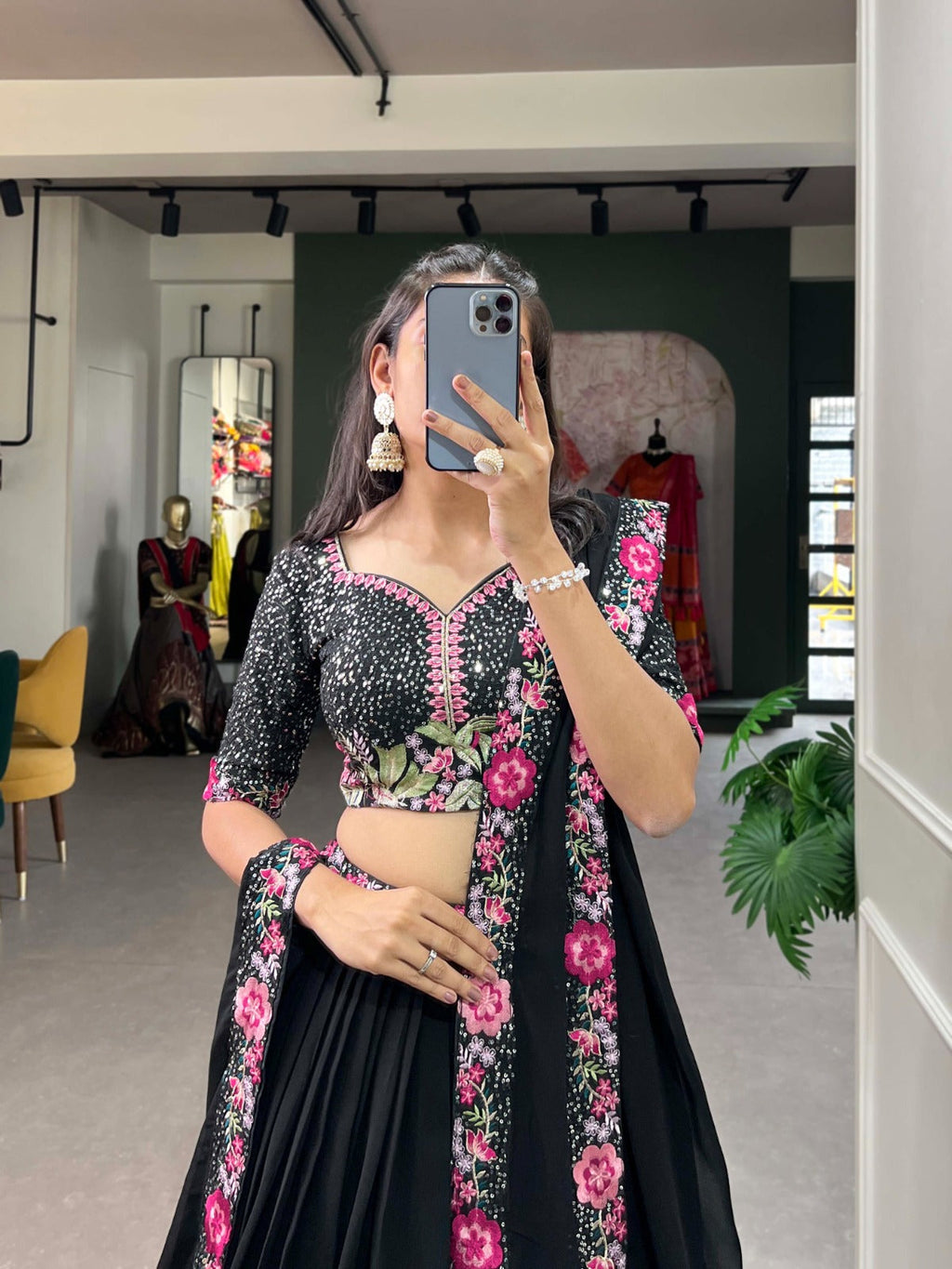 Mesmerizing Black Georgette Sequins Thread Worked Lehenga Choli - Ethnicwish
