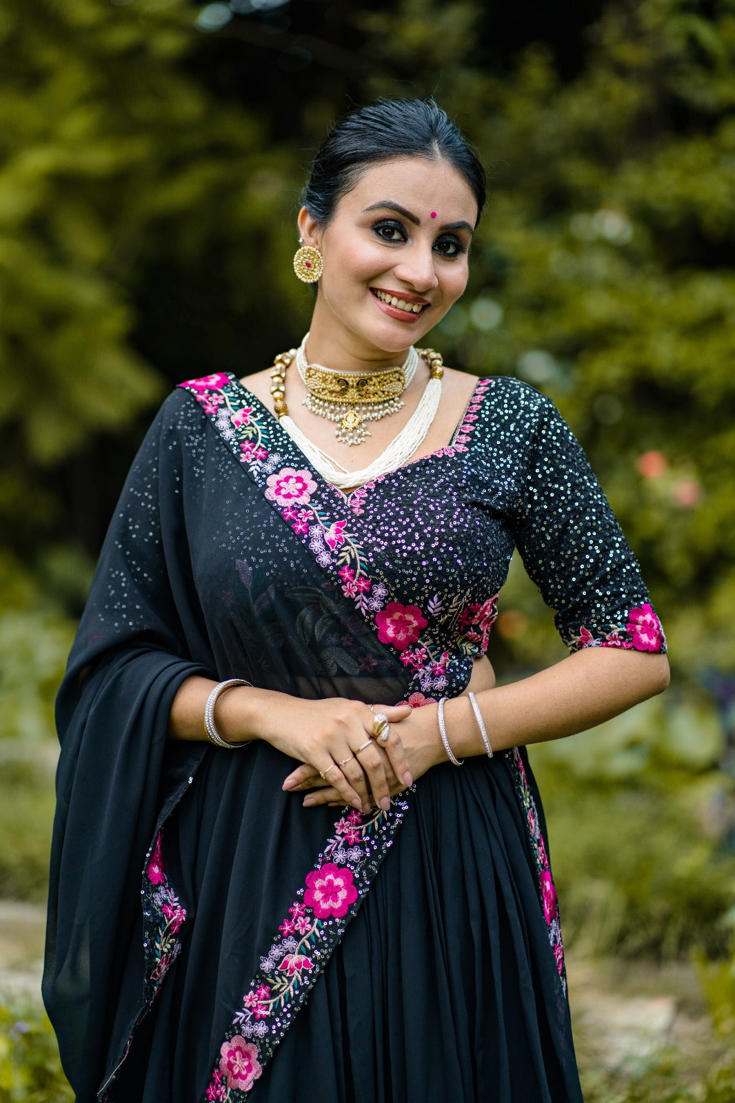 Mesmerizing Black Georgette Sequins Thread Worked Lehenga Choli - Ethnicwish