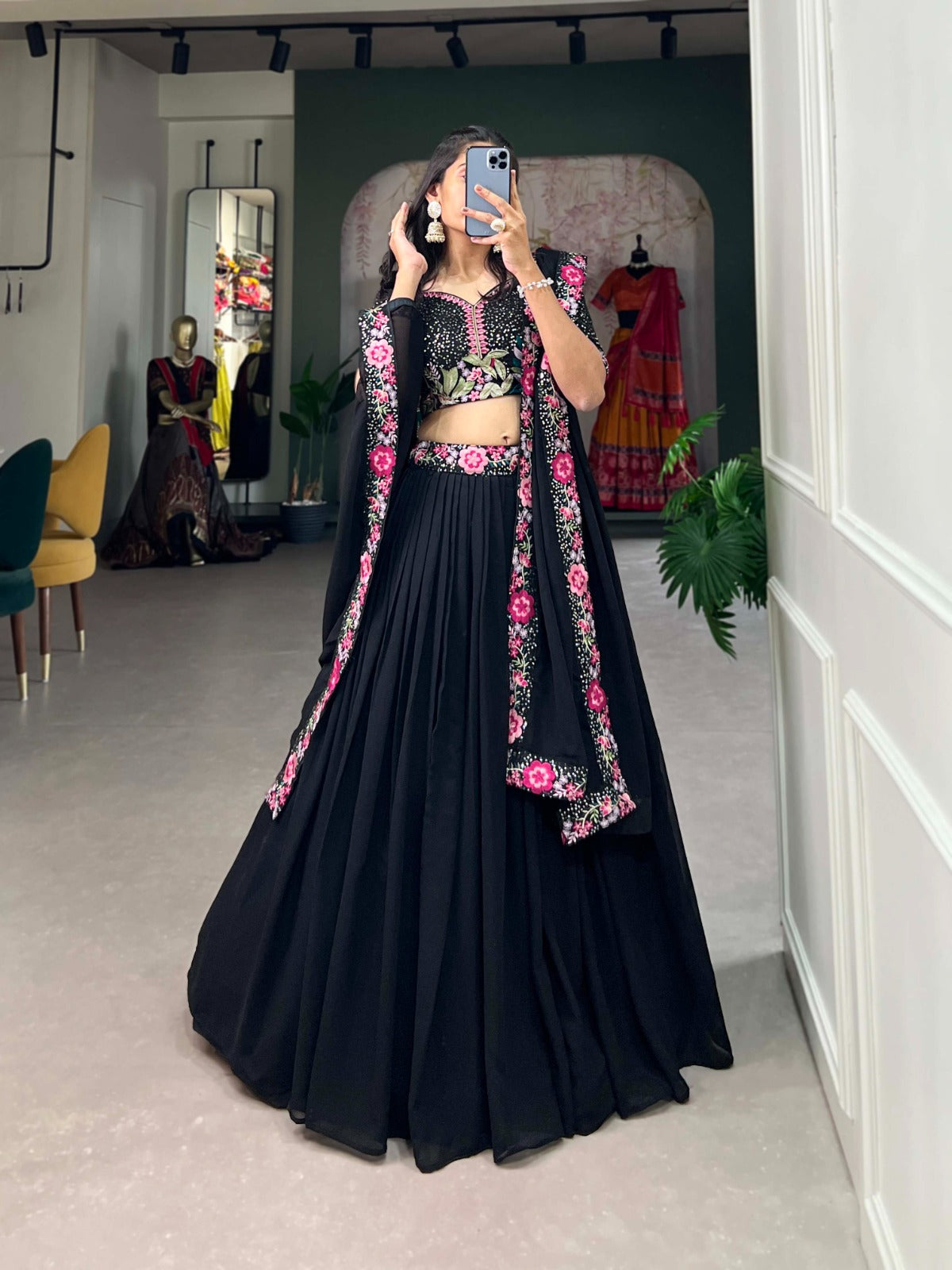 Mesmerizing Black Georgette Sequins Thread Worked Lehenga Choli - Ethnicwish