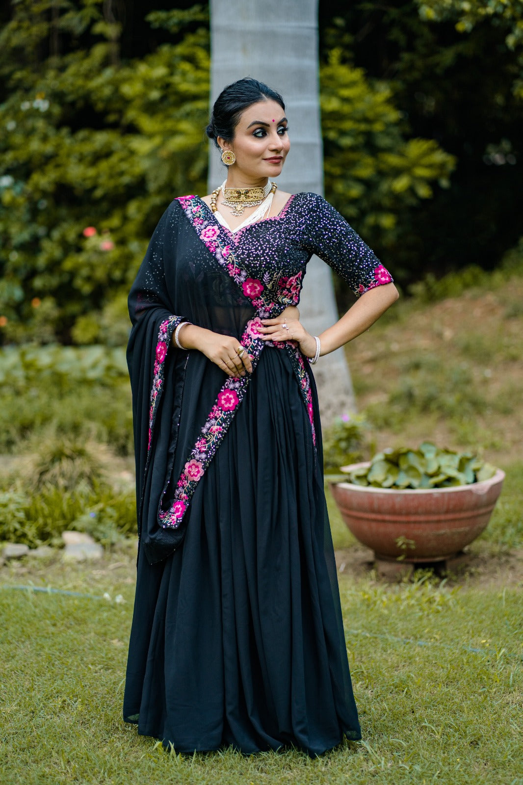 Mesmerizing Black Georgette Sequins Thread Worked Lehenga Choli - Ethnicwish