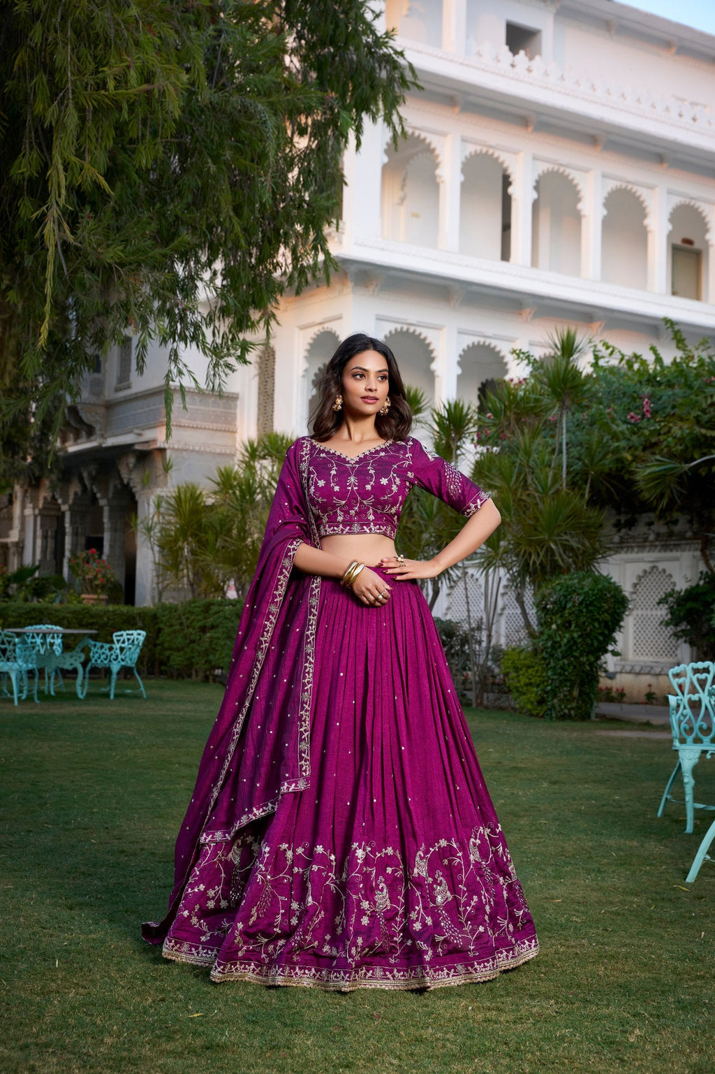 Enchanting Wine Vichitra Silk Sequins Thread Worked Lehenga Choli - Ethnicwish