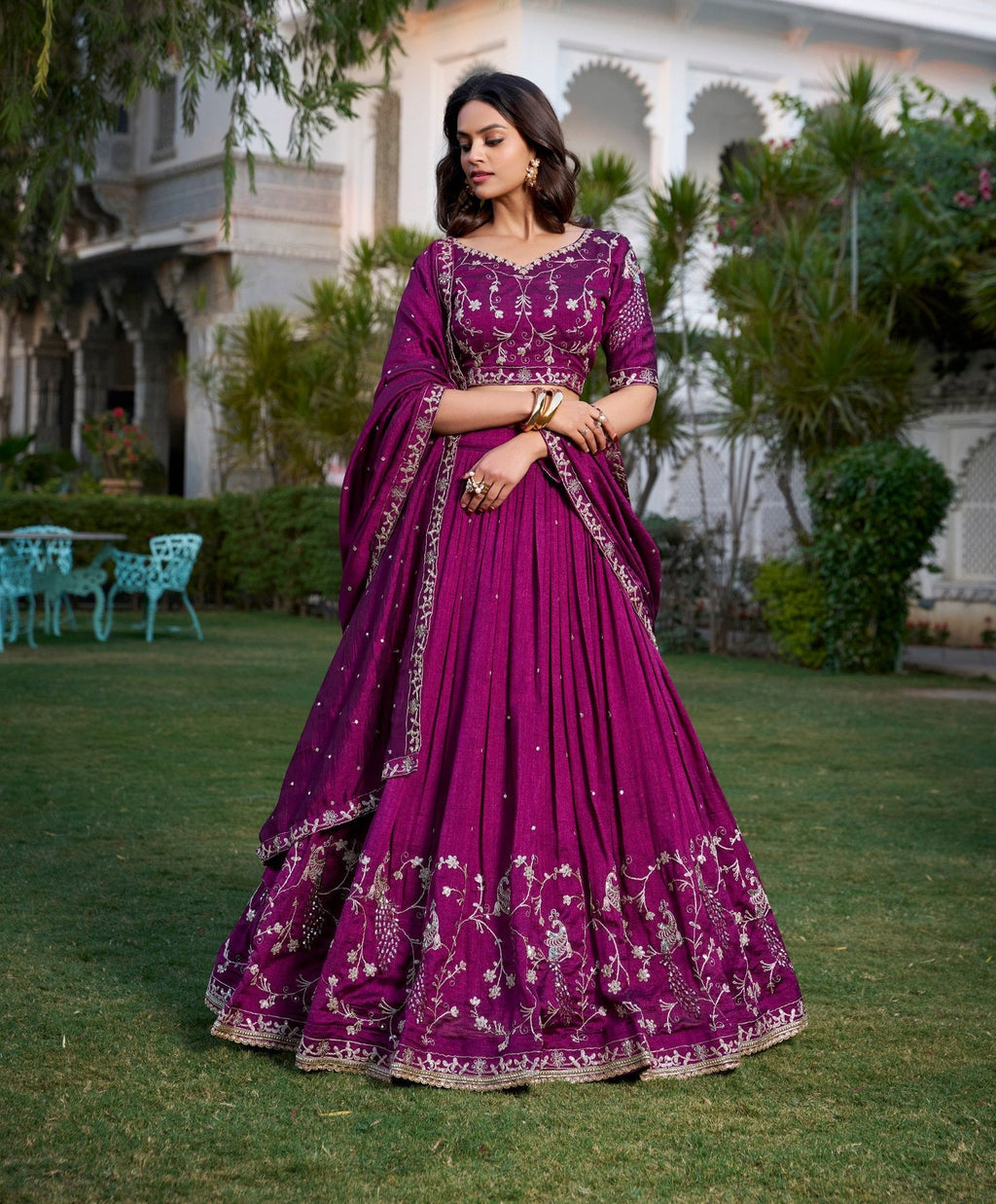 Enchanting Wine Vichitra Silk Sequins Thread Worked Lehenga Choli - Ethnicwish