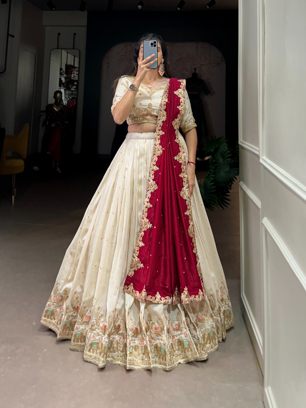 Lovely Off White Vichitra Silk Sequins Thread Worked Lehenga Choli - Ethnicwish