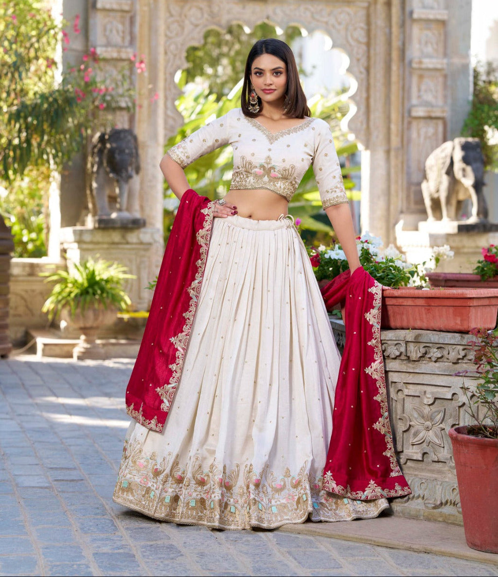 Lovely Off White Vichitra Silk Sequins Thread Worked Lehenga Choli - Ethnicwish