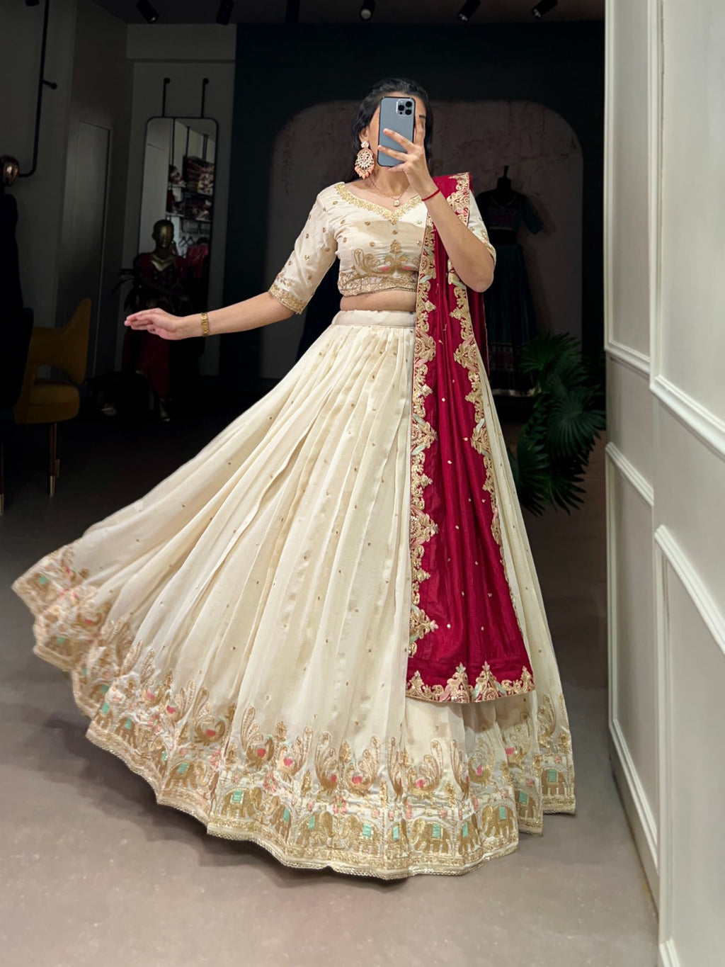 Lovely Off White Vichitra Silk Sequins Thread Worked Lehenga Choli - Ethnicwish