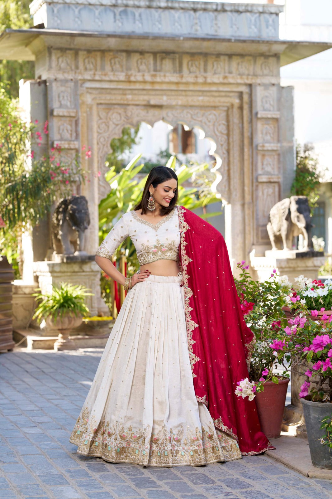 Lovely Off White Vichitra Silk Sequins Thread Worked Lehenga Choli - Ethnicwish