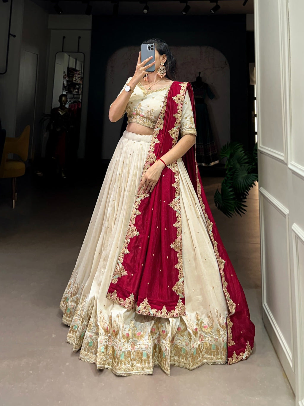 Lovely Off White Vichitra Silk Sequins Thread Worked Lehenga Choli - Ethnicwish