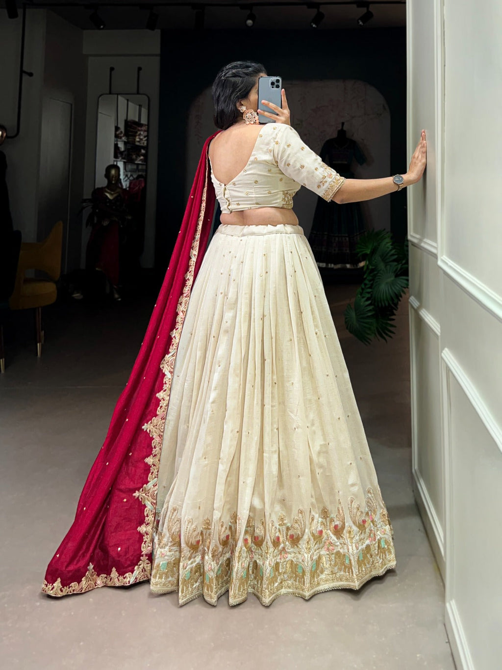 Lovely Off White Vichitra Silk Sequins Thread Worked Lehenga Choli - Ethnicwish