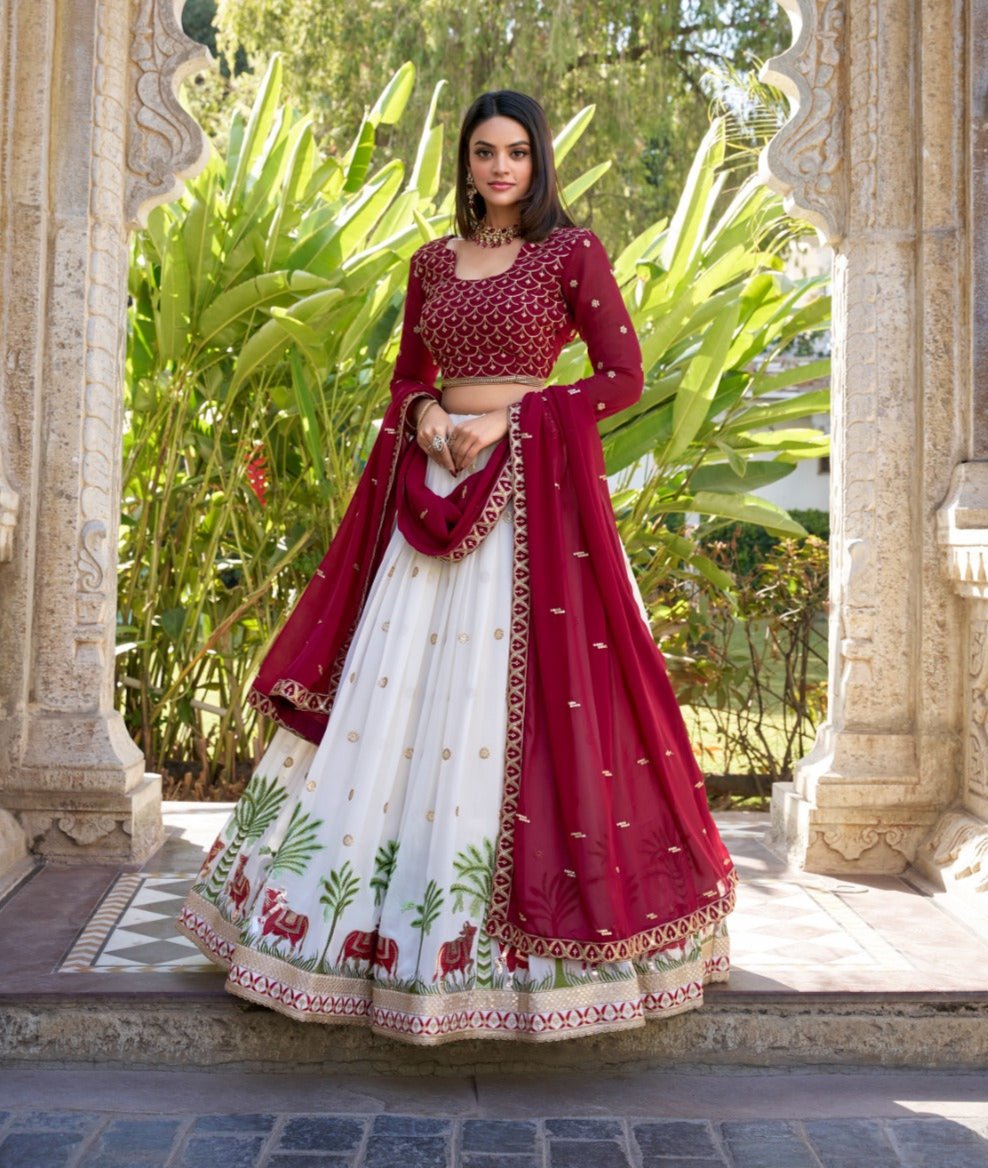Spectacular White Georgette Sequins Thread Worked Lehenga Choli - Ethnicwish