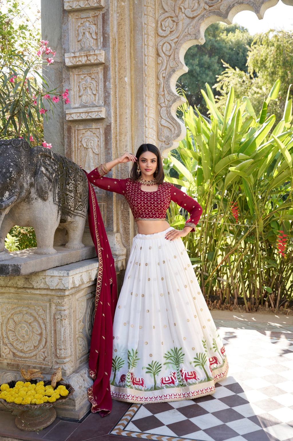 Spectacular White Georgette Sequins Thread Worked Lehenga Choli - Ethnicwish