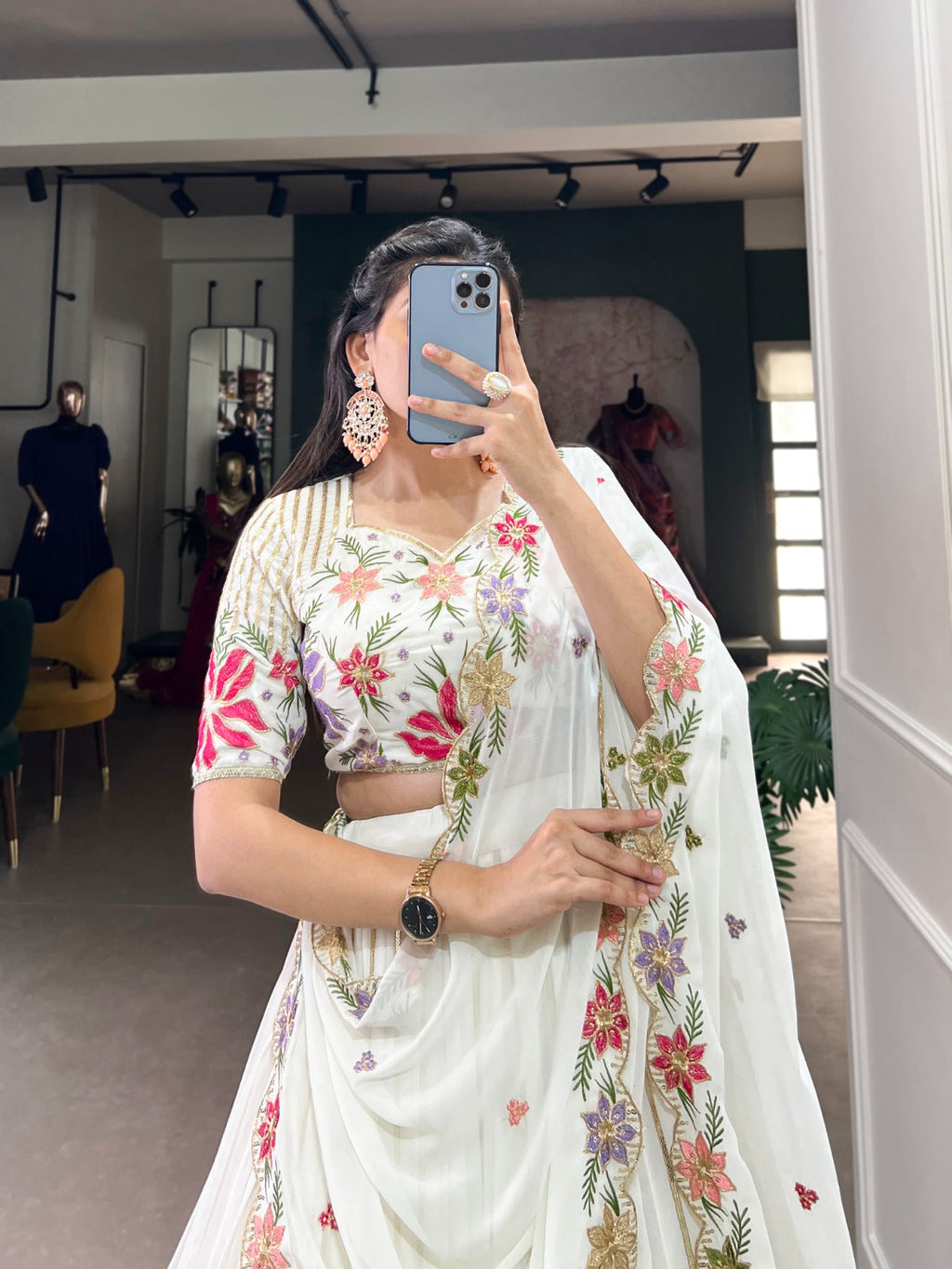 Radiant White Georgette Sequins Thread Worked Lehenga Choli - Ethnicwish