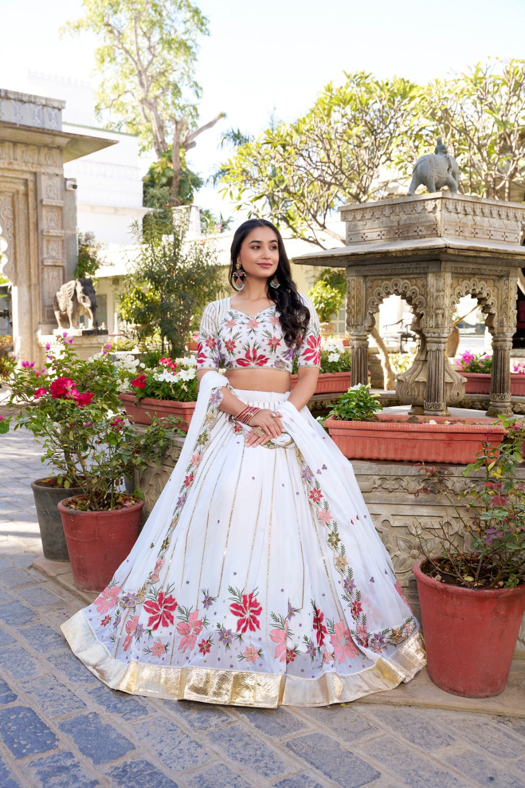 Radiant White Georgette Sequins Thread Worked Lehenga Choli - Ethnicwish