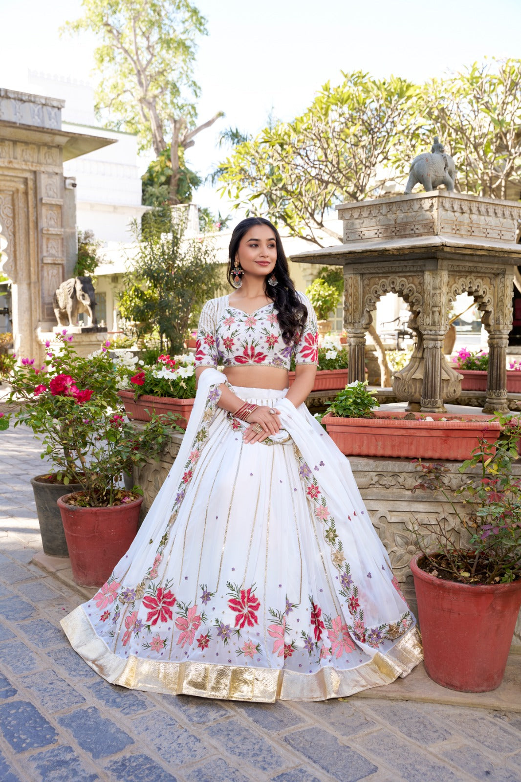 Radiant White Georgette Sequins Thread Worked Lehenga Choli - Ethnicwish