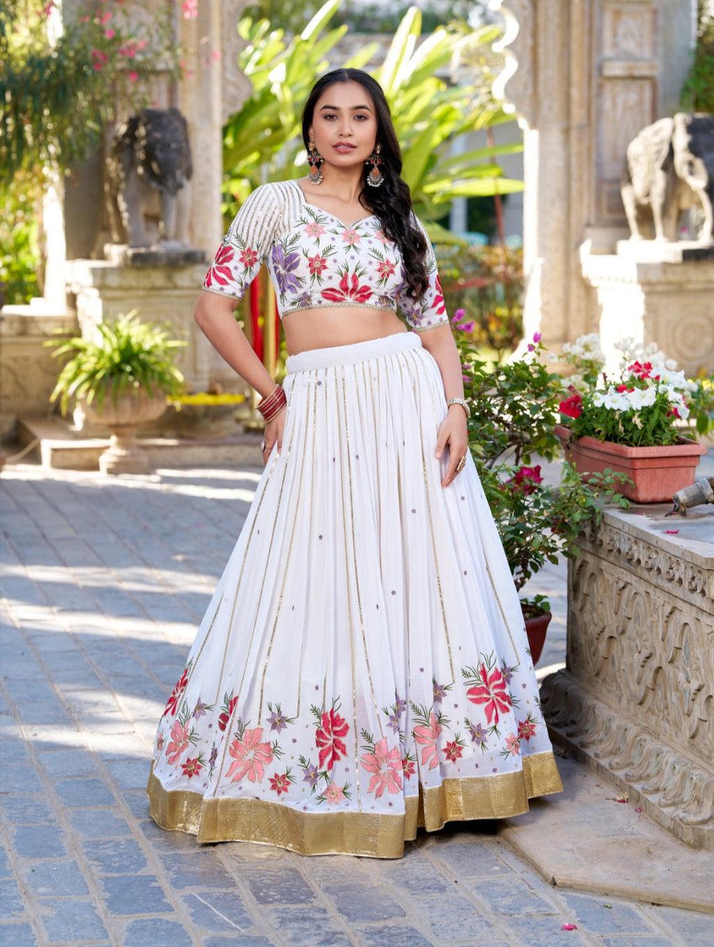 Radiant White Georgette Sequins Thread Worked Lehenga Choli - Ethnicwish