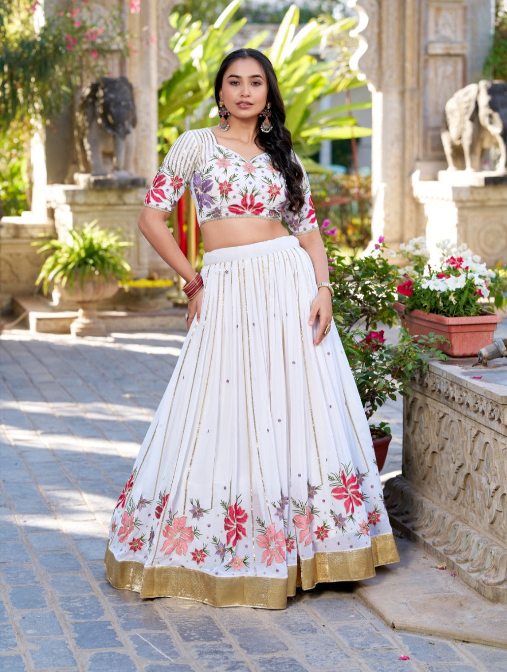 Radiant White Georgette Sequins Thread Worked Lehenga Choli - Ethnicwish