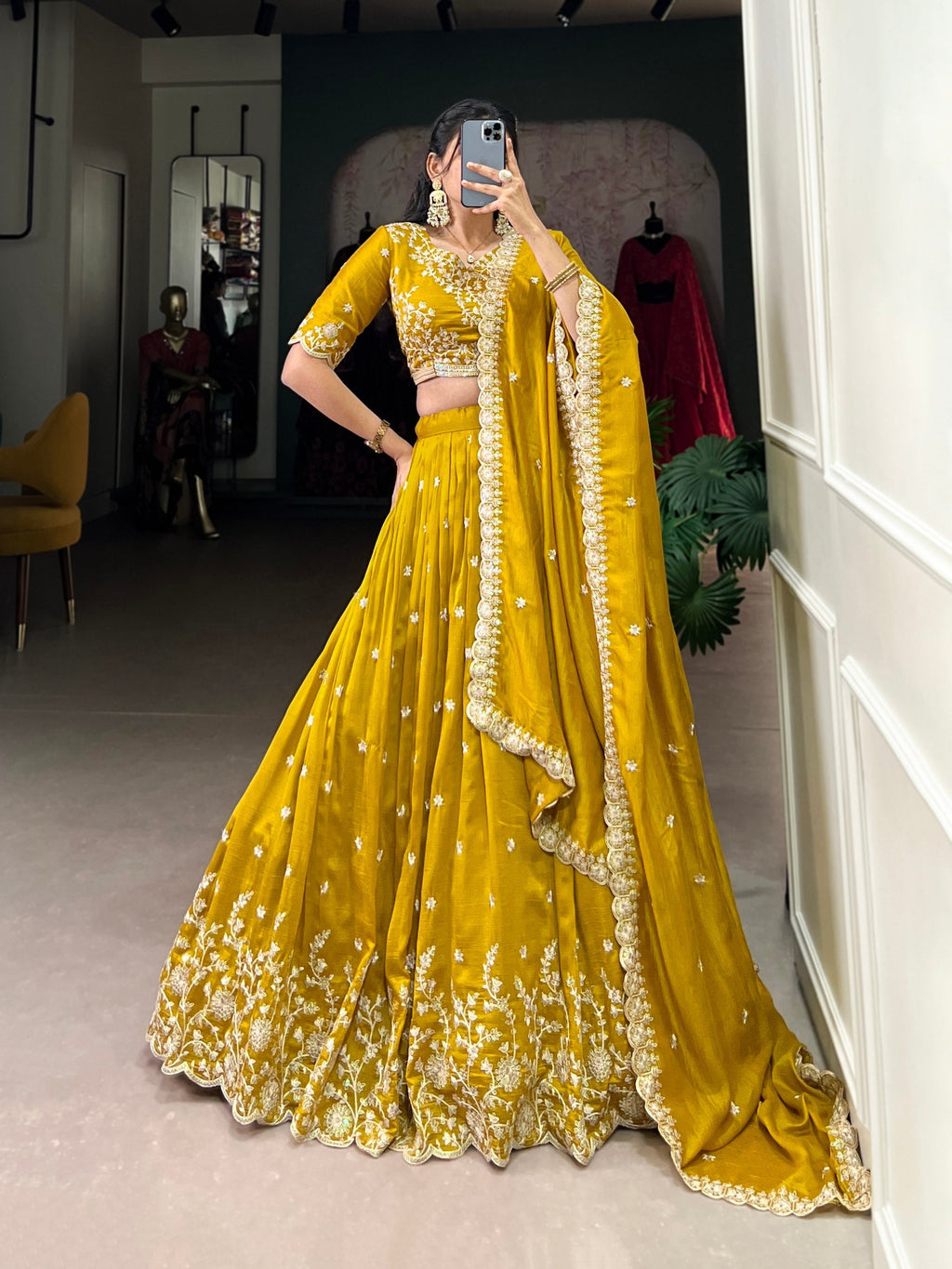 Stylish Mustard Yellow Vichitra Silk Sequins Thread Worked Lehenga Choli - Ethnicwish