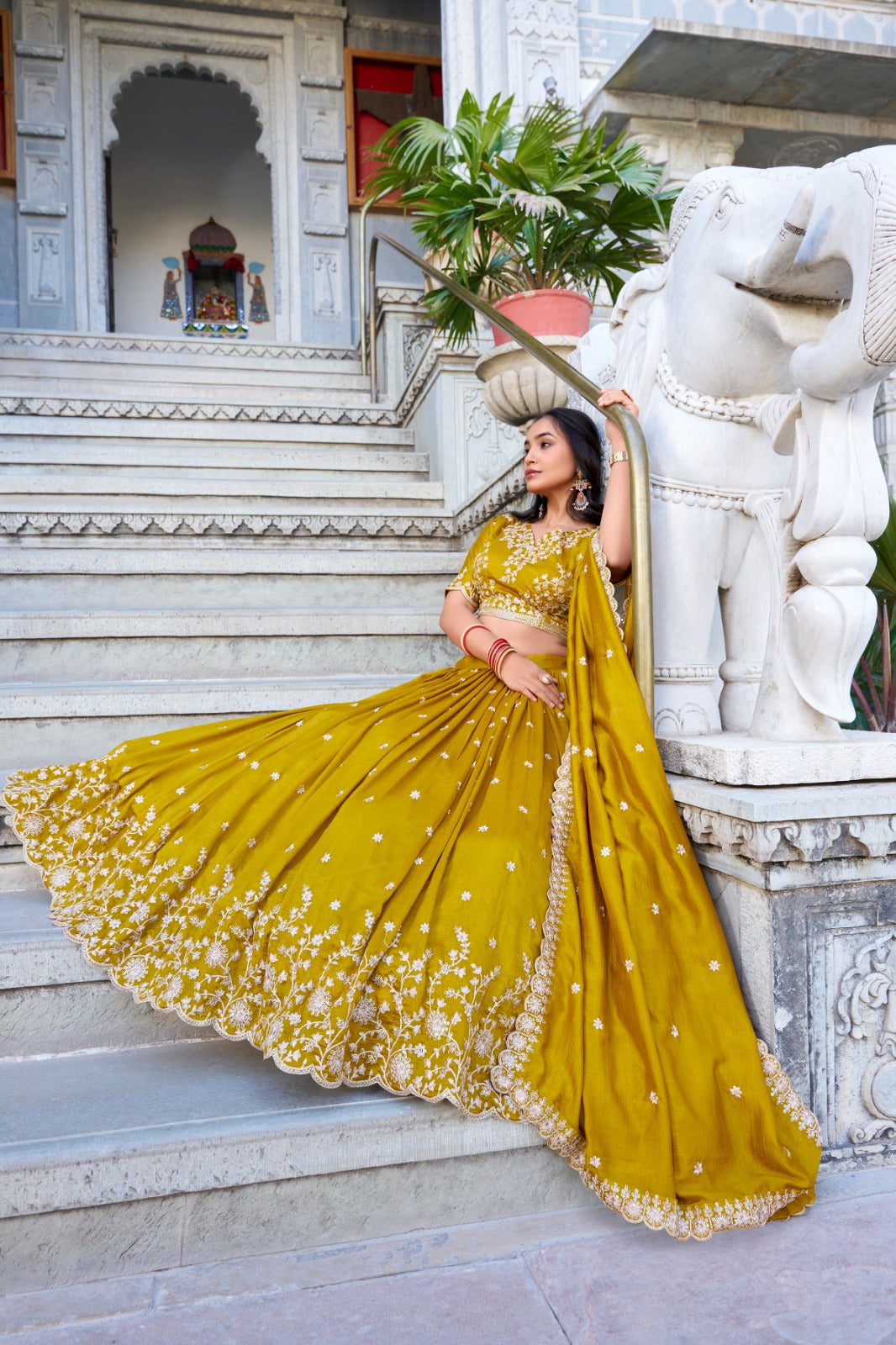Stylish Mustard Yellow Vichitra Silk Sequins Thread Worked Lehenga Choli - Ethnicwish