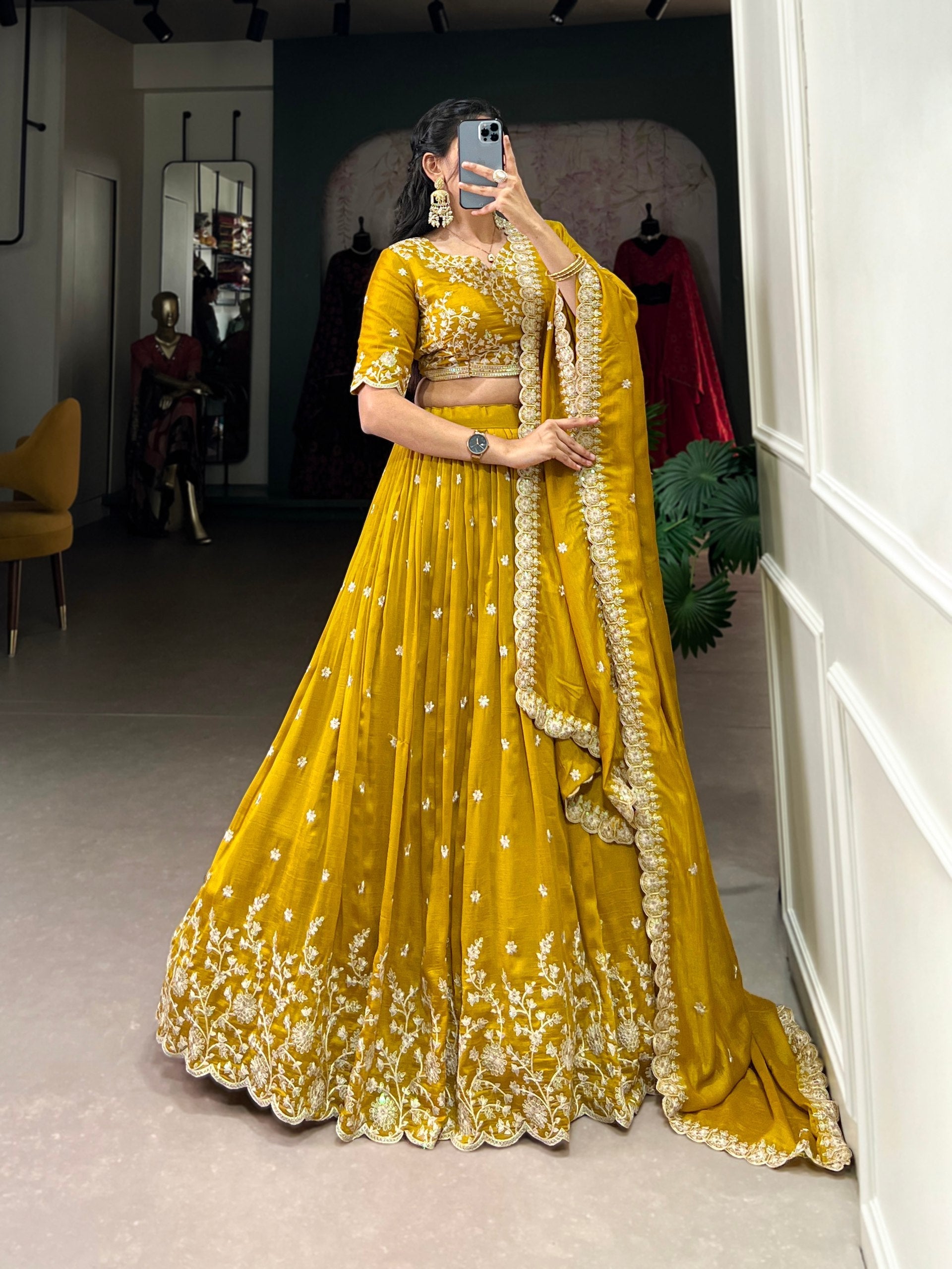 Stylish Mustard Yellow Vichitra Silk Sequins Thread Worked Lehenga Choli - Ethnicwish