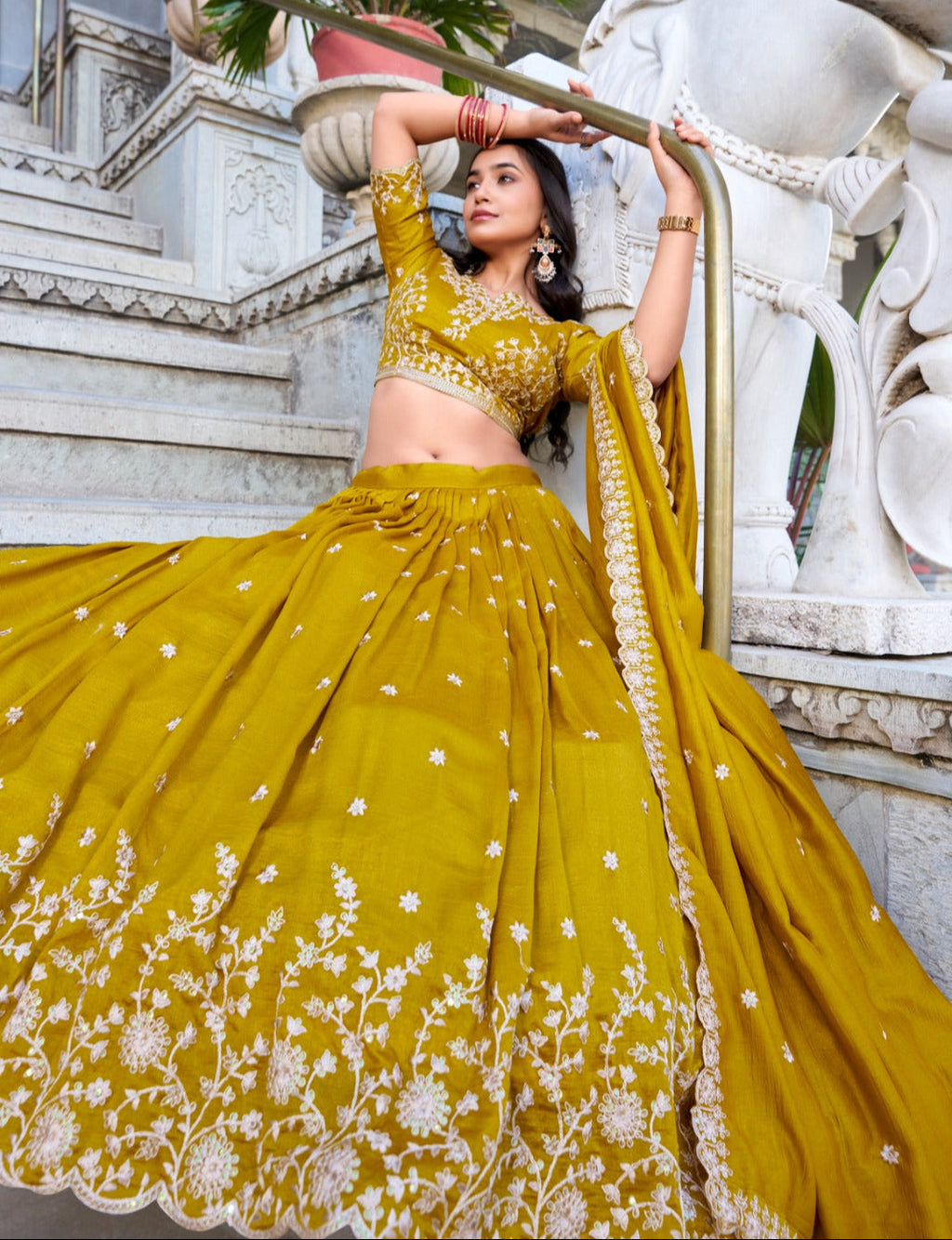 Stylish Mustard Yellow Vichitra Silk Sequins Thread Worked Lehenga Choli - Ethnicwish