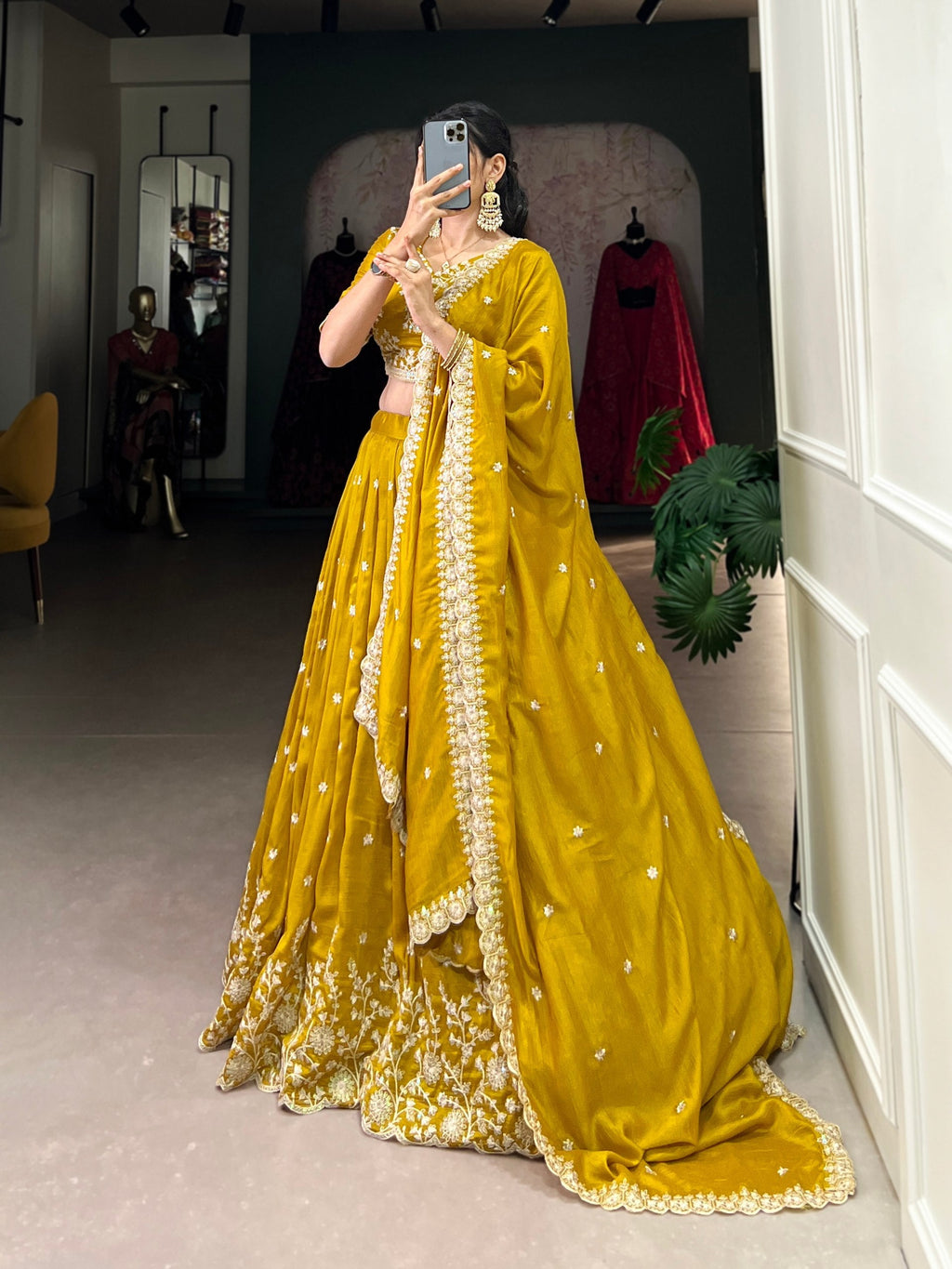 Stylish Mustard Yellow Vichitra Silk Sequins Thread Worked Lehenga Choli - Ethnicwish