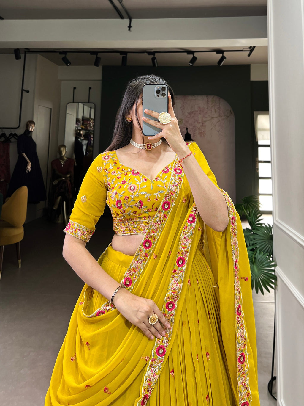 Graceful Yellow Georgette Sequins Thread Worked Lehenga Choli - Ethnicwish