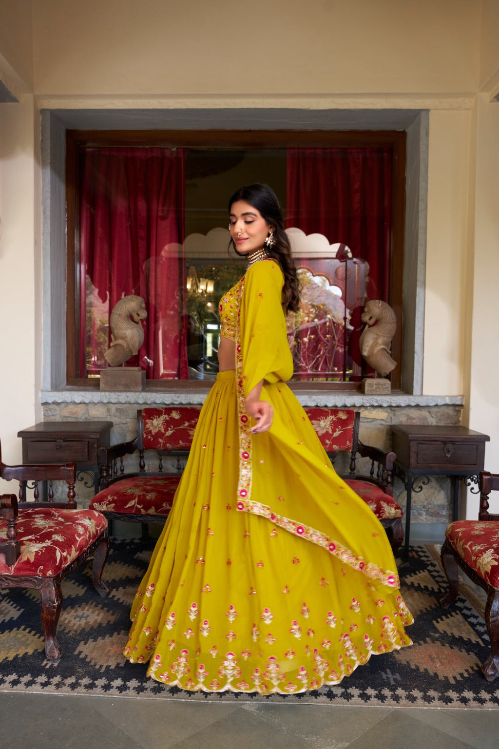 Graceful Yellow Georgette Sequins Thread Worked Lehenga Choli - ETHNICDEAL