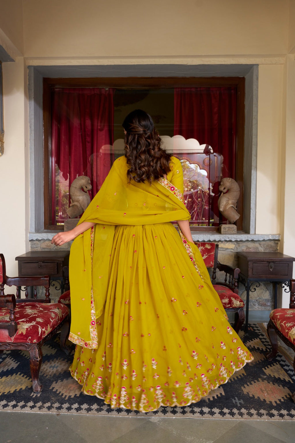 Graceful Yellow Georgette Sequins Thread Worked Lehenga Choli - ETHNICDEAL