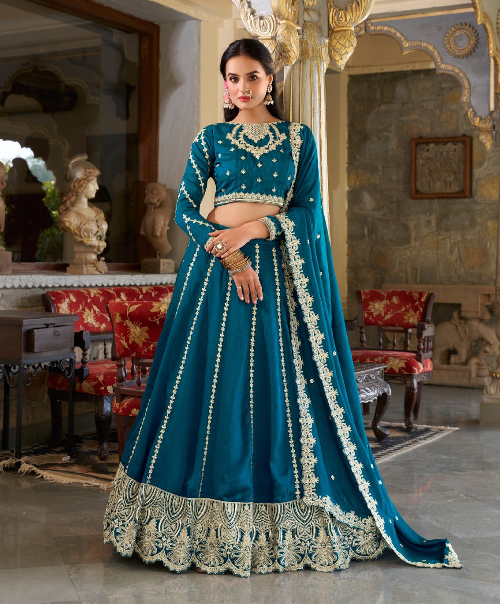 Exquisite Firozi Vichitra Silk Thread Sequins Worked Lehenga Choli - ETHNICDEAL