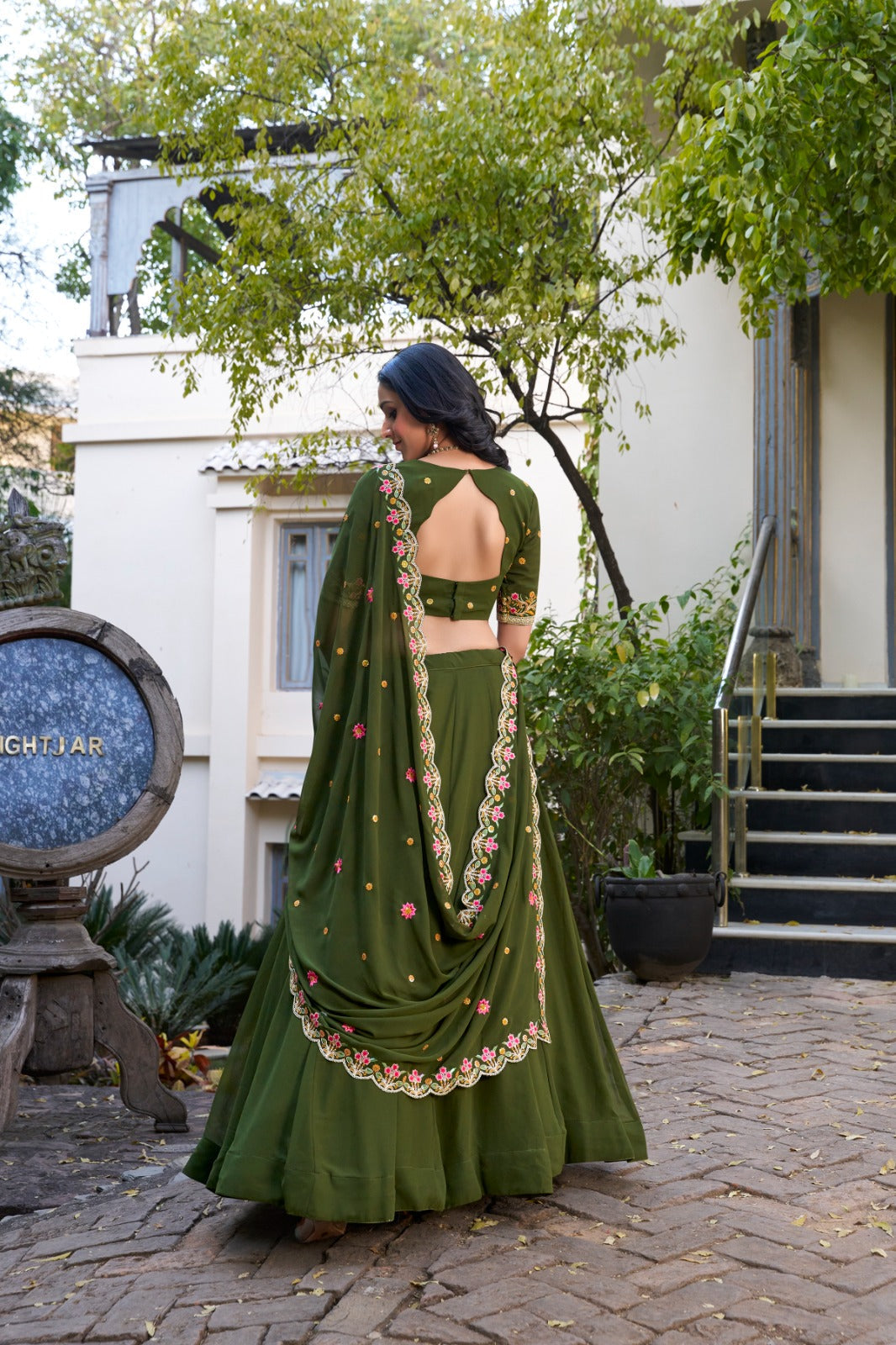 Divine Mehendi Green Georgette Sequins Thread Worked Lehenga Choli