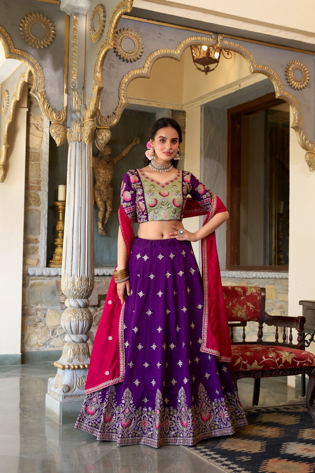 Elegant Purple Sequins Thread Embroidered Lehenga Choli - Ethnicwish