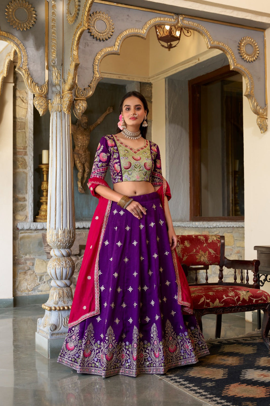 Elegant Purple Sequins Thread Embroidered Lehenga Choli - Ethnicwish