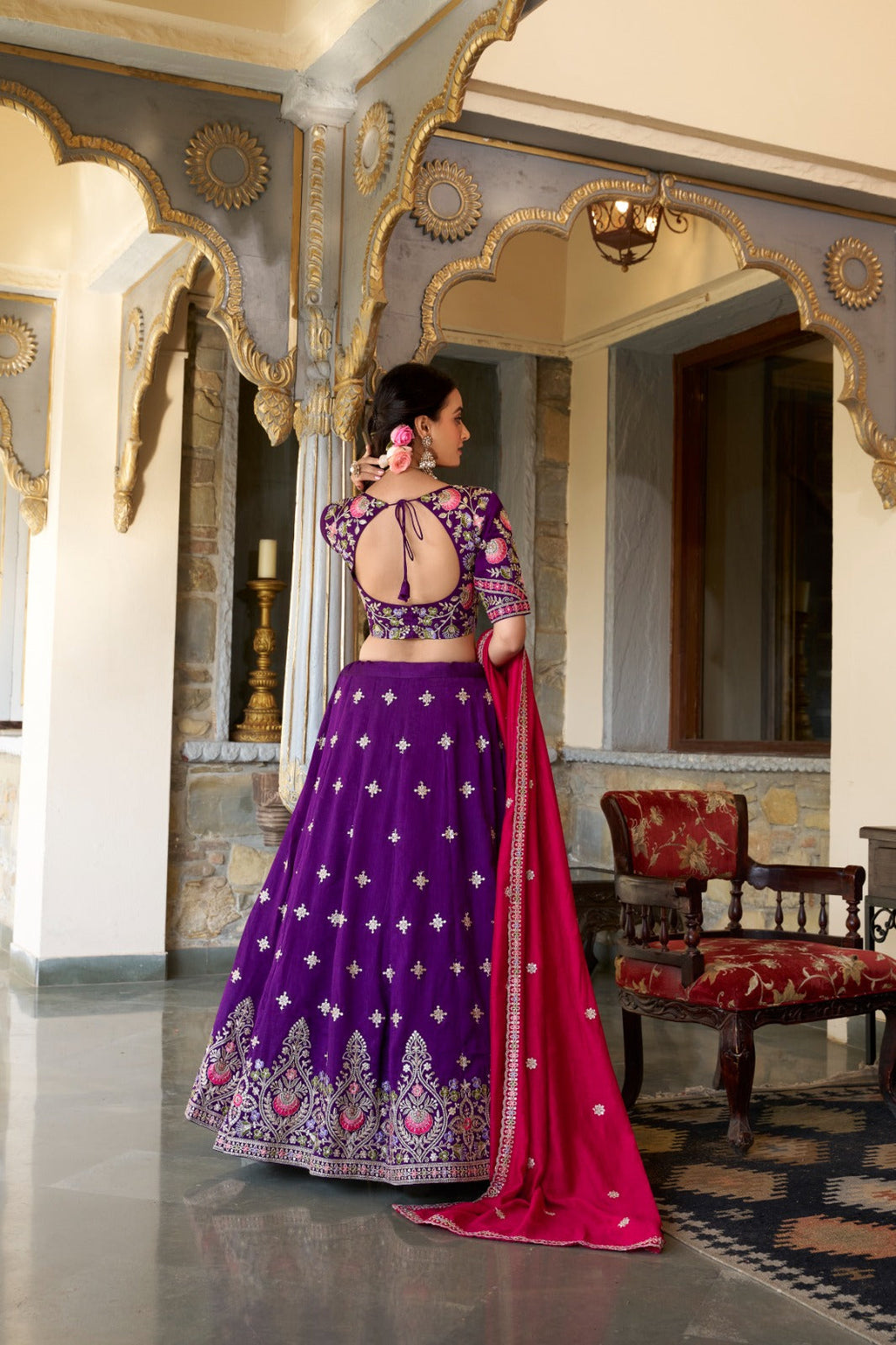 Elegant Purple Sequins Thread Embroidered Lehenga Choli - Ethnicwish