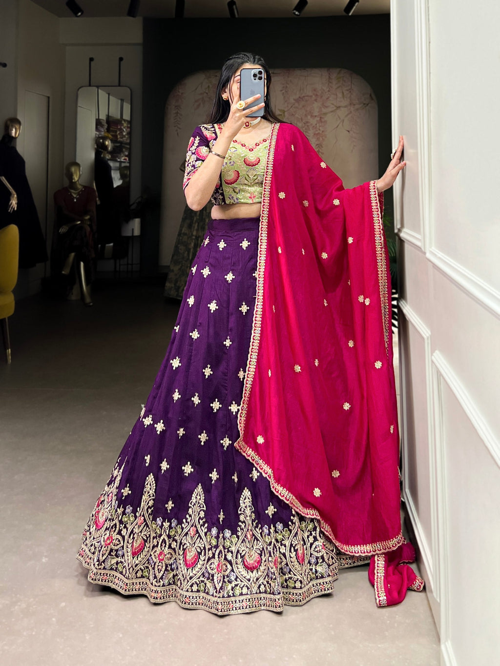 Elegant Purple Sequins Thread Embroidered Lehenga Choli - Ethnicwish