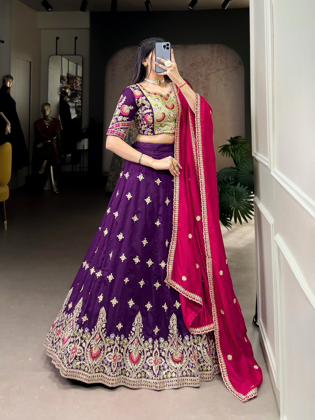 Elegant Purple Sequins Thread Embroidered Lehenga Choli - Ethnicwish