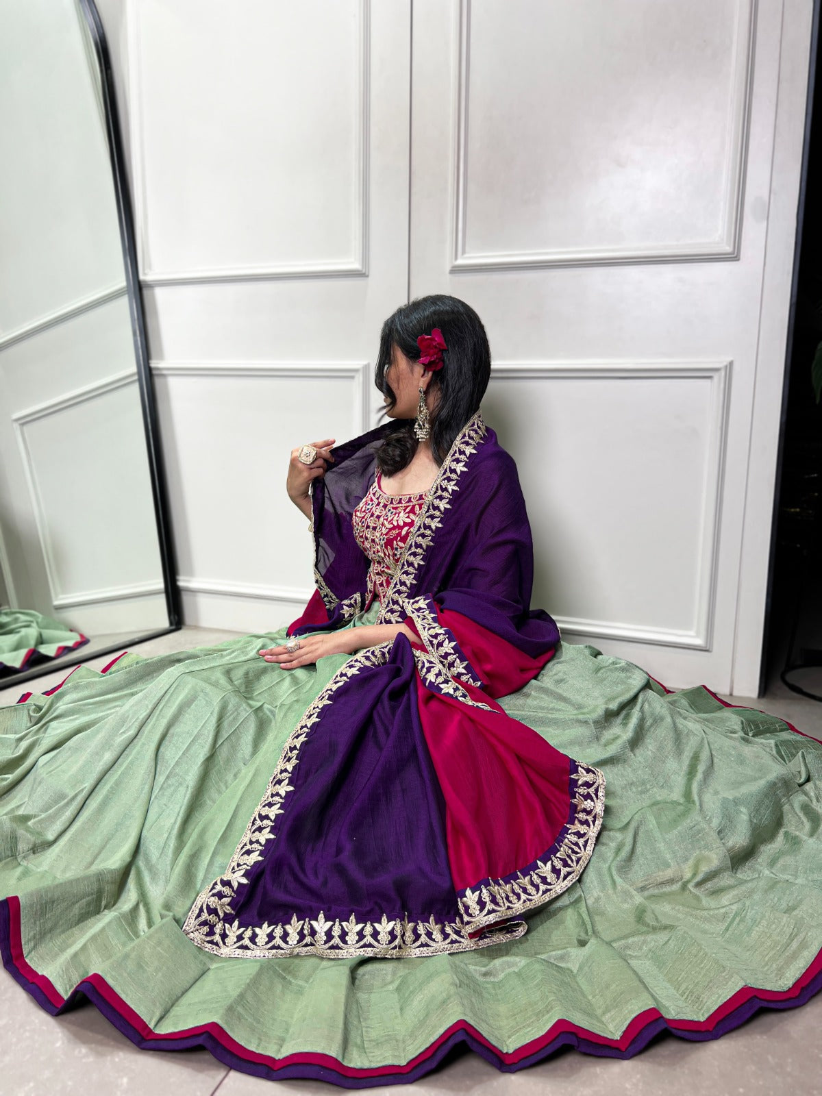 Graceful Vichitra Silk Sequins Thread Worked Lehenga Choli - ETHNICDEAL