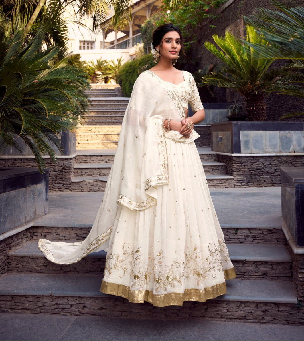 Off White Silver Glossy Sequins Embroidered Lehenga Choli - ETHNICDEAL