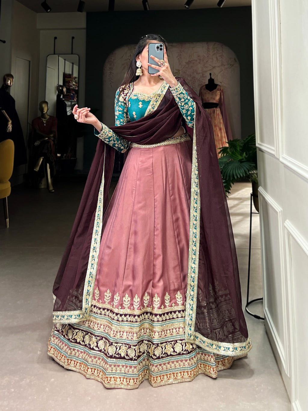 Elegant Moonga Silk Sequins Thread Worked Lehenga Choli - Ethnicwish