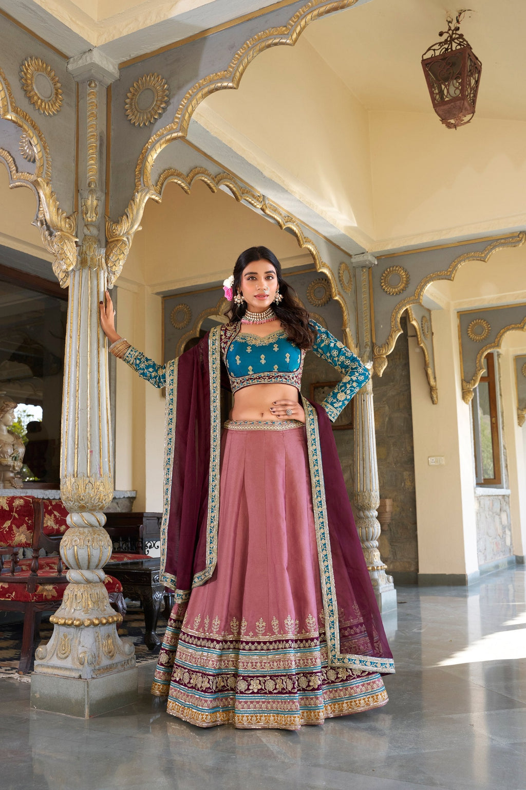 Elegant Moonga Silk Sequins Thread Worked Lehenga Choli - ETHNICDEAL