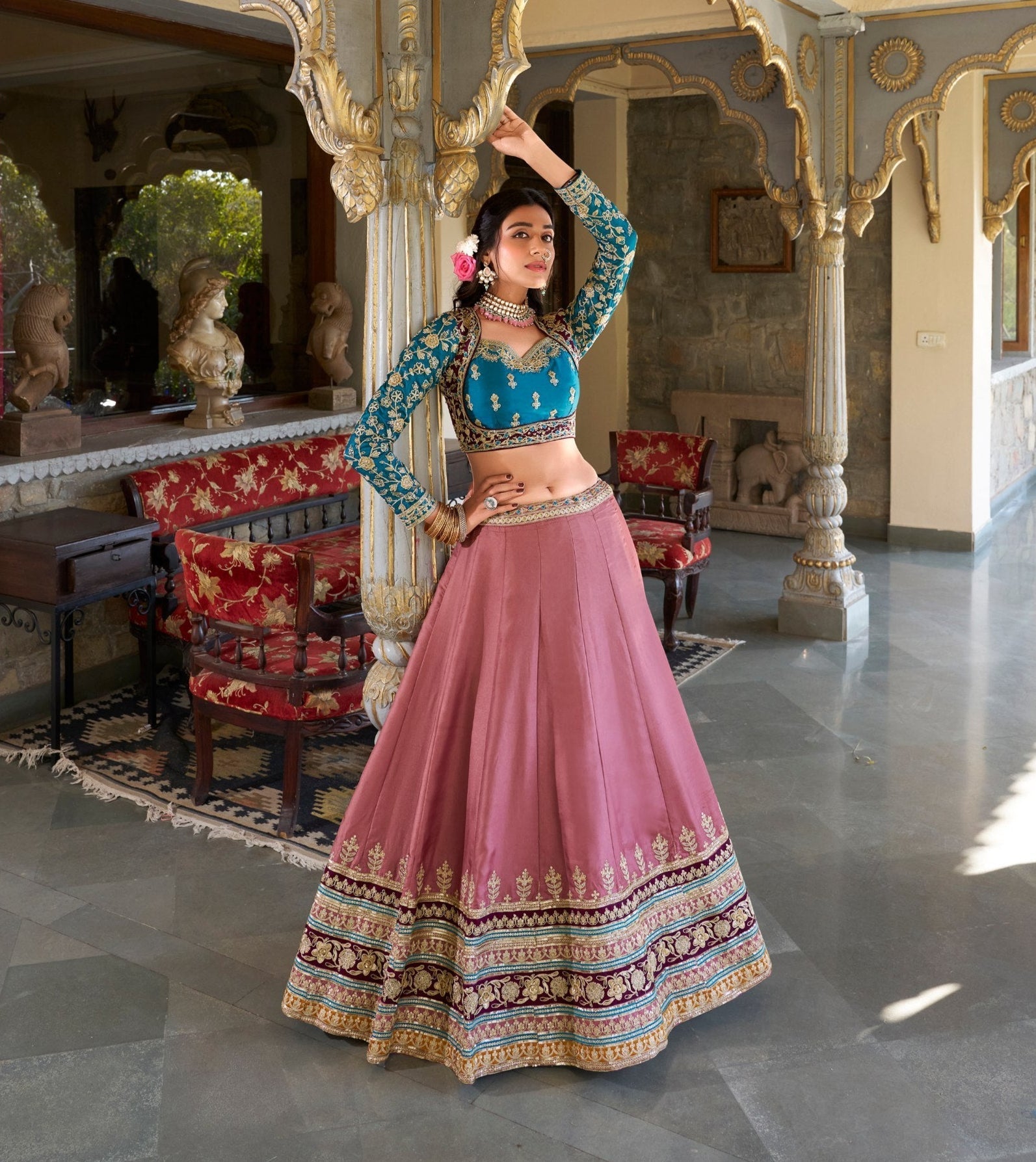 Elegant Moonga Silk Sequins Thread Worked Lehenga Choli - ETHNICDEAL